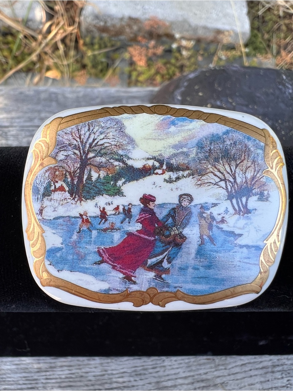 Porcelain Brooch with Winter Ice Skating Scene